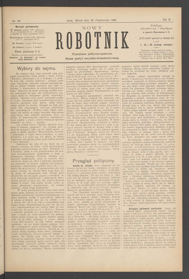 Nowy Robotnik&nbsp;: czasopismo polityczno-społeczne&nbsp;: organ partyi socyalno-demokratycznej. Rok&nbsp;4, 1896, numer&nbsp;29