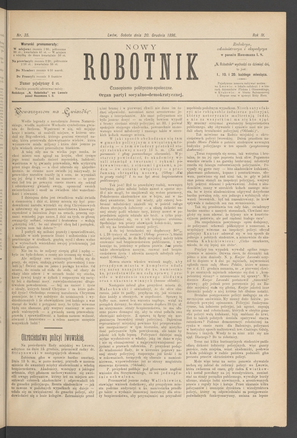 Nowy Robotnik&nbsp;: czasopismo polityczno-społeczne&nbsp;: organ partyi socyalno-demokratycznej. Rok&nbsp;4, 1896, numer&nbsp;35