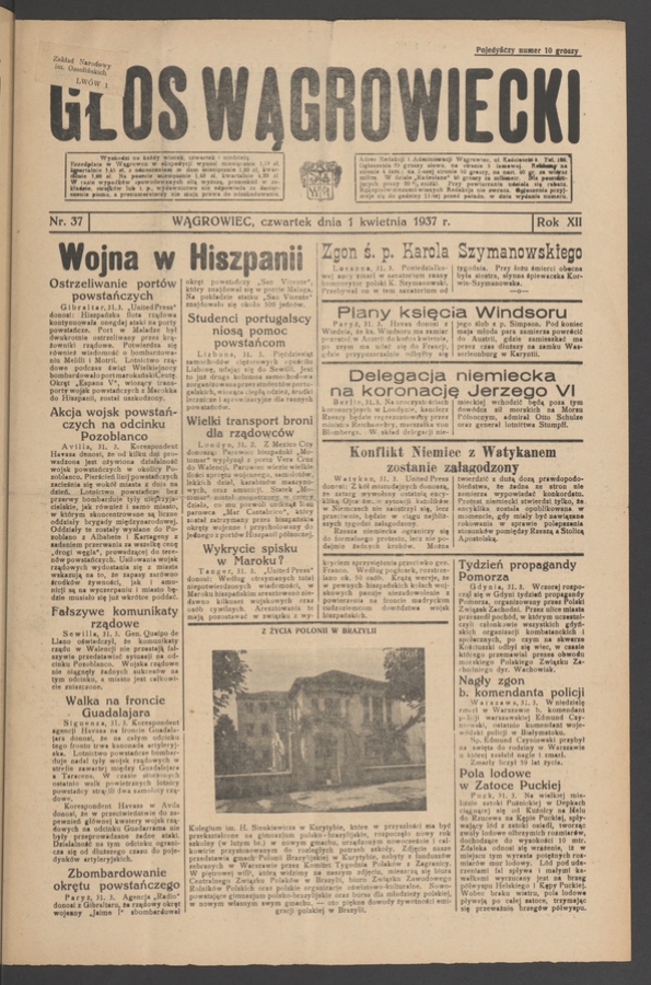 Głos Wągrowiecki. Rok&nbsp;12, 1937, numer&nbsp;37