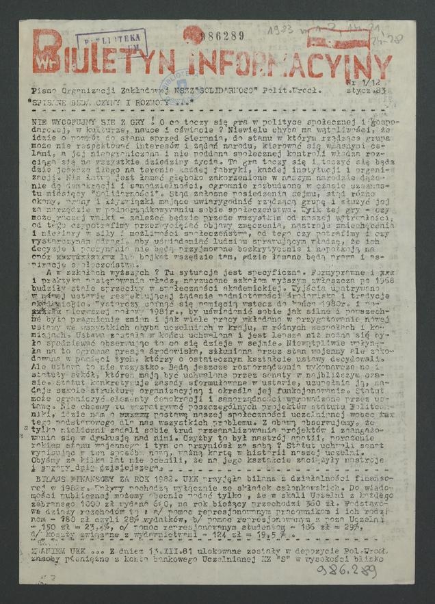 Biuletyn Informacyjny&nbsp;: pismo Organizacji Zakładowej NSZZ &bdquo;Solidarność&rdquo; Politechniki Wrocławskiej. 1983, numer&nbsp;1&nbsp;(12)