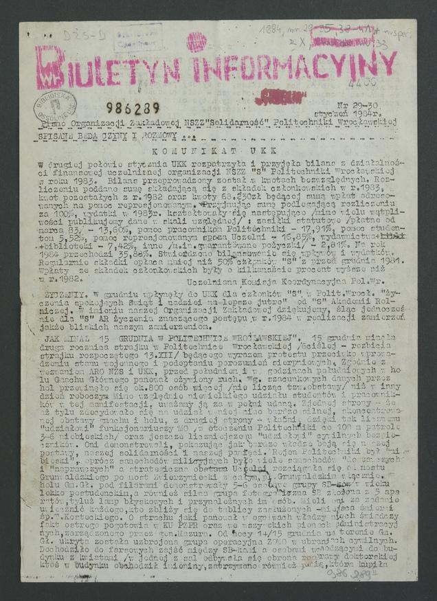 Biuletyn Informacyjny : pismo Organizacji Zakładowej NSZZ „Solidarność” Politechniki Wrocławskiej. 1984, numer 29-30