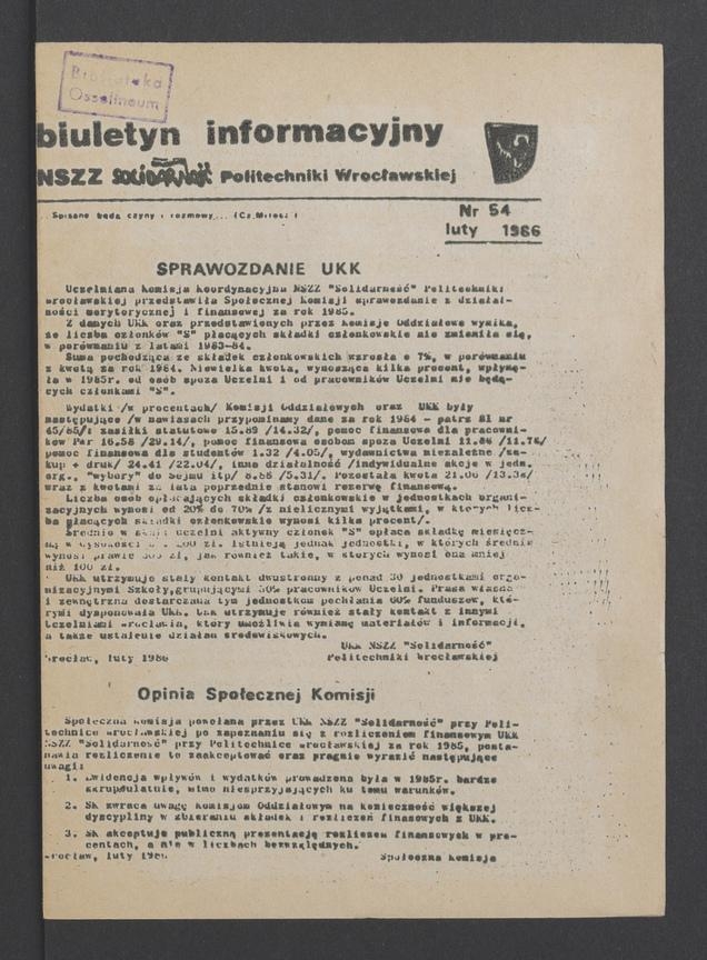 Biuletyn Informacyjny&nbsp;NSZZ &bdquo;Solidarność&rdquo; Politechniki Wrocławskiej. 1986, numer&nbsp;54
