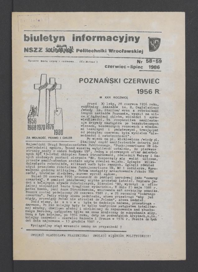 Biuletyn Informacyjny&nbsp;NSZZ &bdquo;Solidarność&rdquo; Politechniki Wrocławskiej. 1986, numer&nbsp;58-59