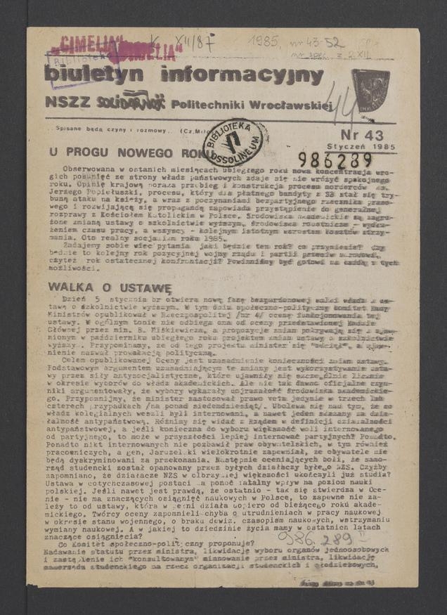 Biuletyn Informacyjny&nbsp;NSZZ &bdquo;Solidarność&rdquo; Politechniki Wrocławskiej. 1985, numer&nbsp;43