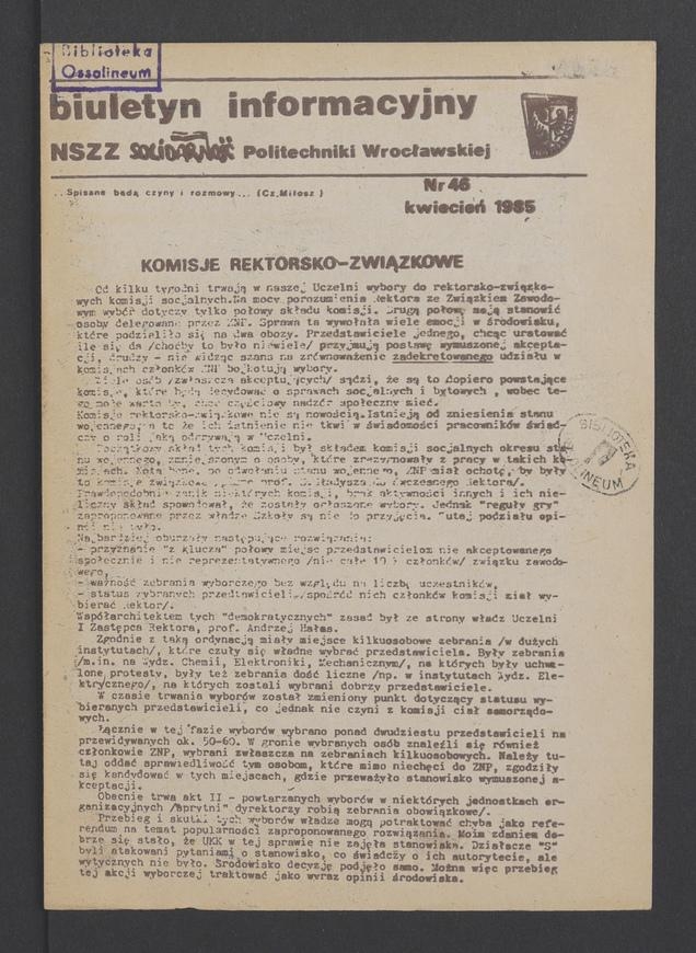 Biuletyn Informacyjny&nbsp;NSZZ &bdquo;Solidarność&rdquo; Politechniki Wrocławskiej. 1985, numer&nbsp;46