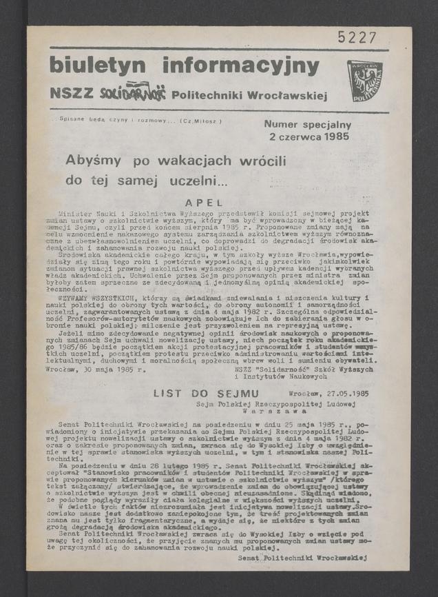 Biuletyn Informacyjny NSZZ „Solidarność” Politechniki Wrocławskiej. 1985, numer specjalny