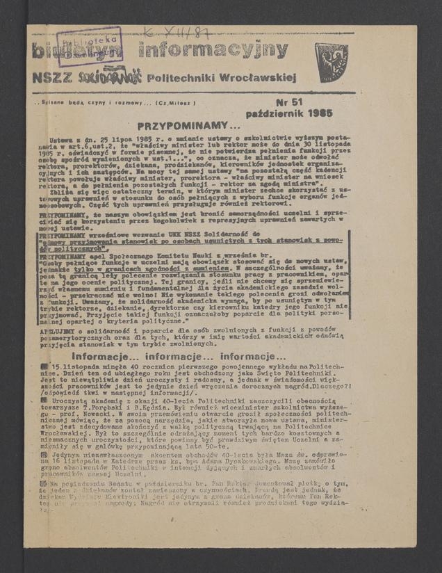 Biuletyn Informacyjny&nbsp;NSZZ &bdquo;Solidarność&rdquo; Politechniki Wrocławskiej. 1985, numer&nbsp;51