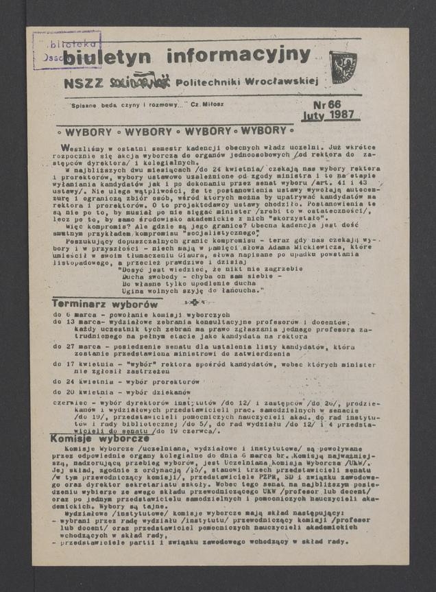 Biuletyn Informacyjny NSZZ „Solidarność” Politechniki Wrocławskiej. 1987, numer 66