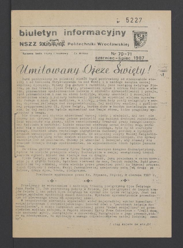 Biuletyn Informacyjny NSZZ „Solidarność” Politechniki Wrocławskiej. 1987, numer 70-71