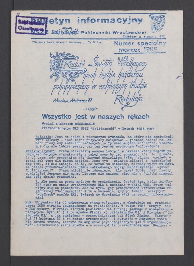 Biuletyn Informacyjny&nbsp;NSZZ &bdquo;Solidarność&rdquo; Politechniki Wrocławskiej. 1988, numer specjalny