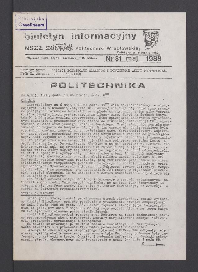 Biuletyn Informacyjny&nbsp;NSZZ &bdquo;Solidarność&rdquo; Politechniki Wrocławskiej. 1988, numer&nbsp;81
