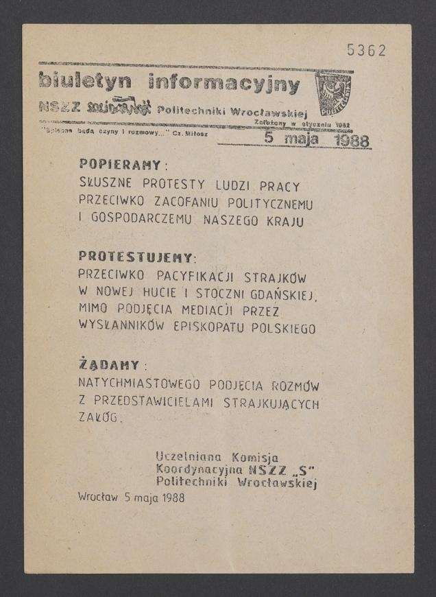 Biuletyn Informacyjny&nbsp;NSZZ &bdquo;Solidarność&rdquo; Politechniki Wrocławskiej. 1988, [Popieramy protesty hutnik&oacute;w i&nbsp;stoczniowc&oacute;w]