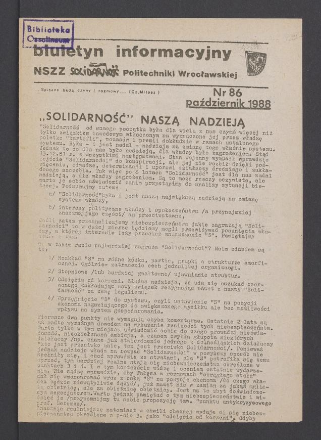 Biuletyn Informacyjny NSZZ „Solidarność” Politechniki Wrocławskiej. 1988, numer 86