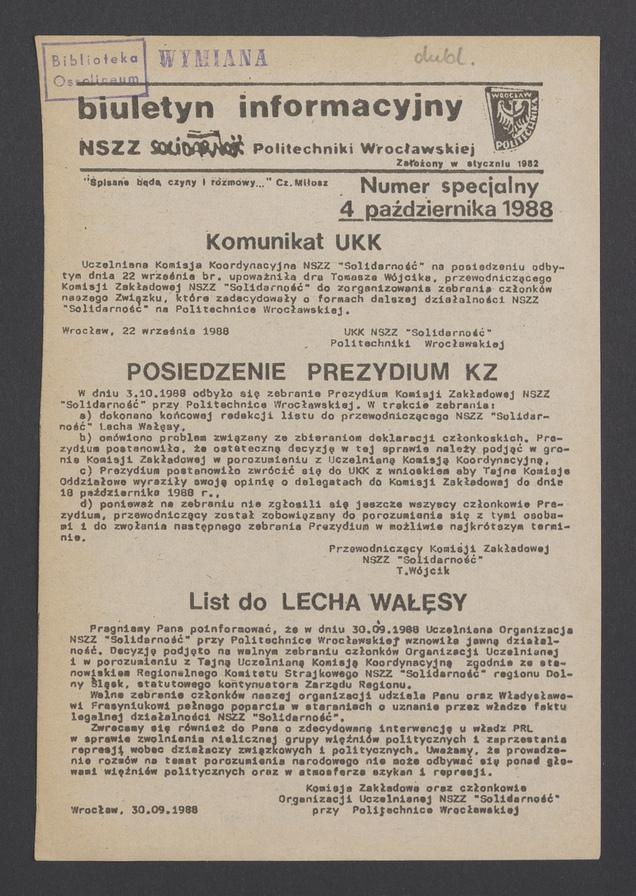 Biuletyn Informacyjny&nbsp;NSZZ &bdquo;Solidarność&rdquo; Politechniki Wrocławskiej. 1988, numer specjalny