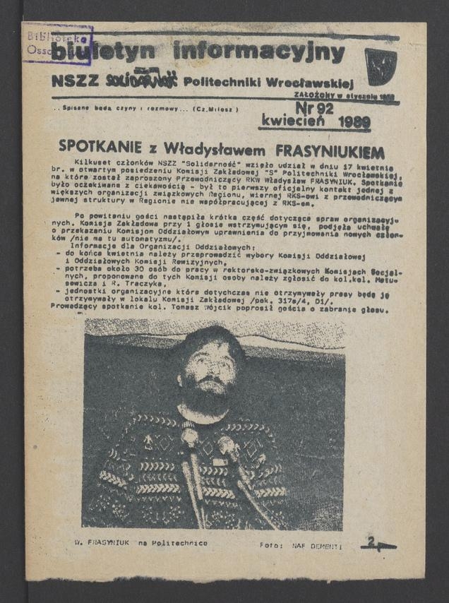 Biuletyn Informacyjny NSZZ „Solidarność” Politechniki Wrocławskiej. 1989, numer 92