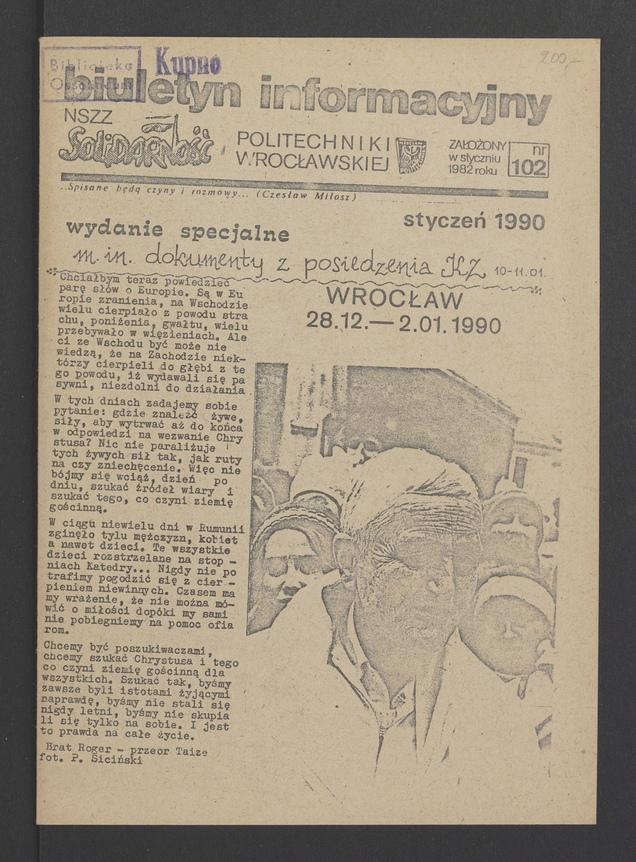 Biuletyn Informacyjny&nbsp;NSZZ &bdquo;Solidarność&rdquo; Politechniki Wrocławskiej. 1989, numer&nbsp;102, wydanie specjalne