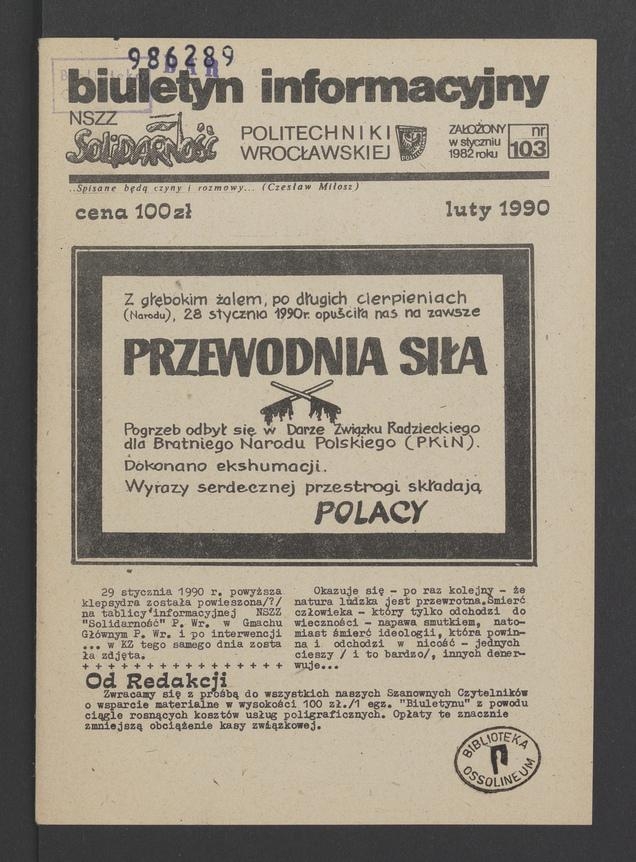 Biuletyn Informacyjny&nbsp;NSZZ &bdquo;Solidarność&rdquo; Politechniki Wrocławskiej. 1989, numer&nbsp;103
