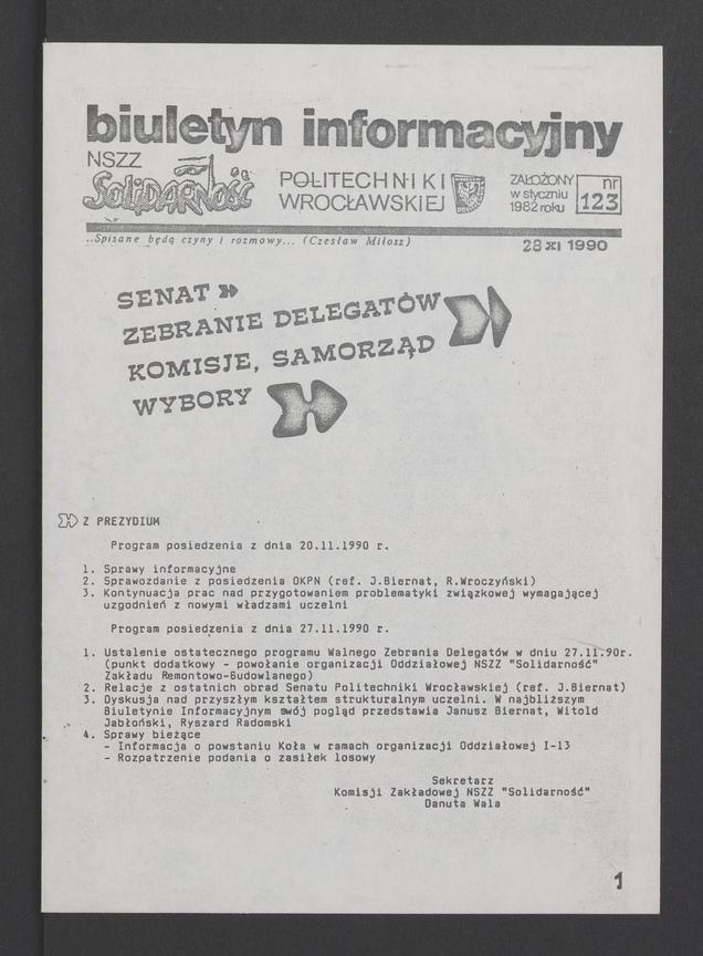 Biuletyn Informacyjny&nbsp;NSZZ &bdquo;Solidarność&rdquo; Politechniki Wrocławskiej. 1989, numer&nbsp;123