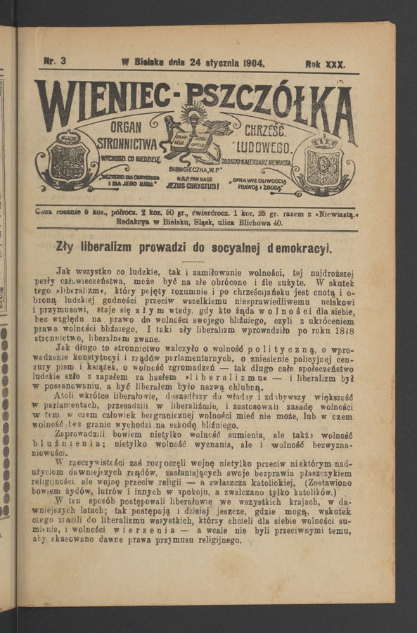 Wieniec-Pszcz&oacute;łka&nbsp;: organ Stronnictwa Chrześcijańsko-Ludowego. Rok&nbsp;30, 1904, numer&nbsp;3