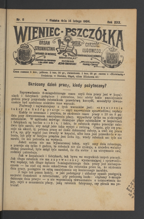 Wieniec-Pszcz&oacute;łka&nbsp;: organ Stronnictwa Chrześcijańsko-Ludowego. Rok&nbsp;30, 1904, numer&nbsp;6