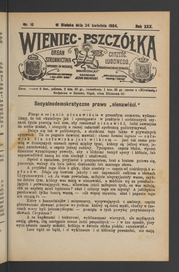 Wieniec-Pszczółka : organ Stronnictwa Chrześcijańsko-Ludowego. Rok 30, 1904, numer 16
