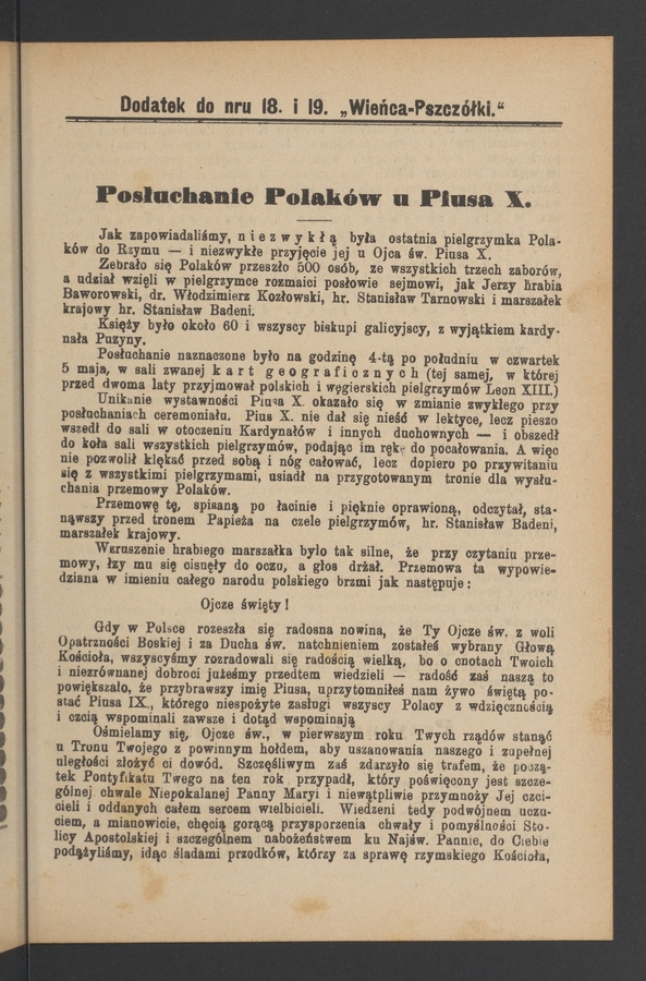 Dodatek do&nbsp;numeru&nbsp;18 i 19 &bdquo;Wieńca-Pszcz&oacute;łki&rdquo;. Rok&nbsp;30, 1904