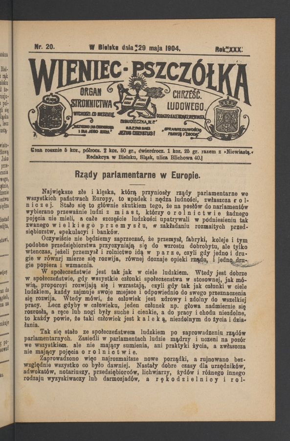 Wieniec-Pszcz&oacute;łka&nbsp;: organ Stronnictwa Chrześcijańsko-Ludowego. Rok&nbsp;30, 1904, numer&nbsp;20
