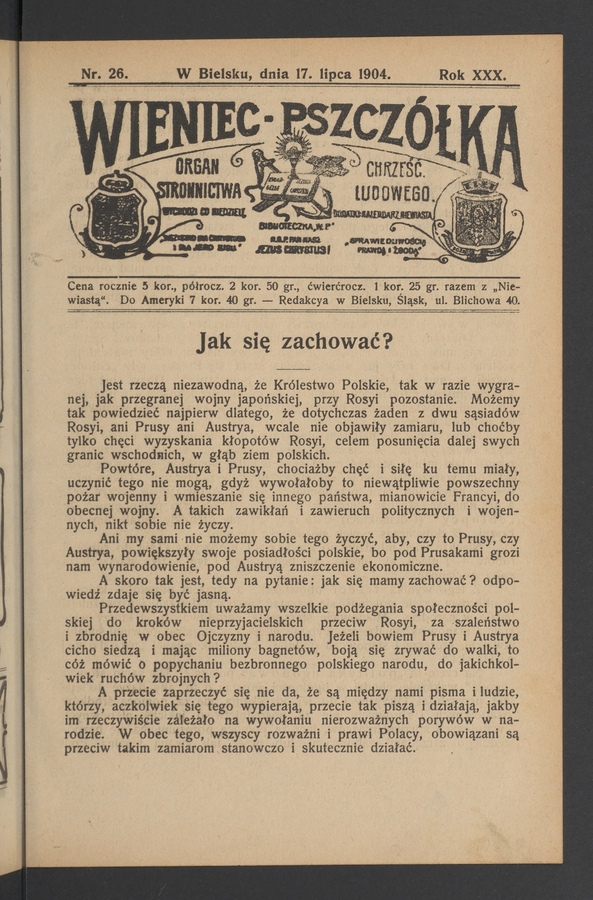Wieniec-Pszcz&oacute;łka&nbsp;: organ Stronnictwa Chrześcijańsko-Ludowego. Rok&nbsp;30, 1904, numer&nbsp;26