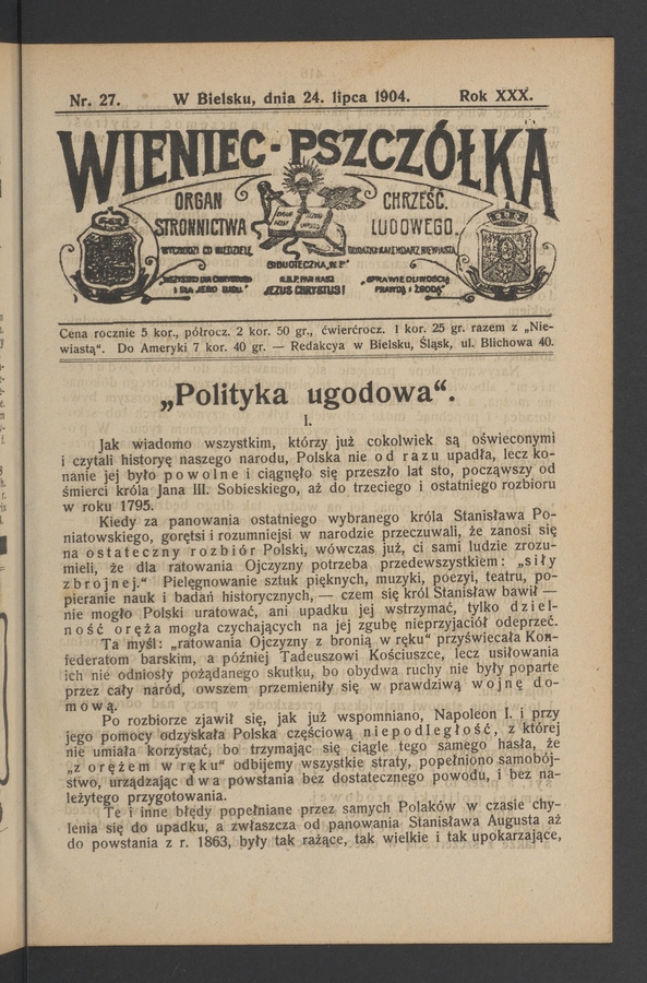 Wieniec-Pszcz&oacute;łka&nbsp;: organ Stronnictwa Chrześcijańsko-Ludowego. Rok&nbsp;30, 1904, numer&nbsp;27