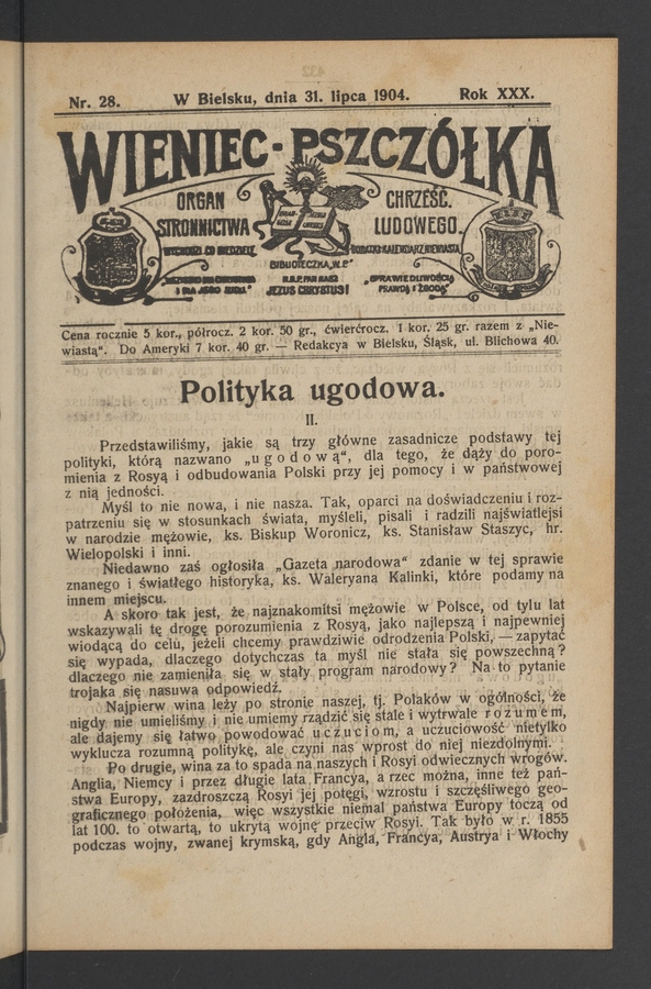 Wieniec-Pszcz&oacute;łka&nbsp;: organ Stronnictwa Chrześcijańsko-Ludowego. Rok&nbsp;30, 1904, numer&nbsp;28