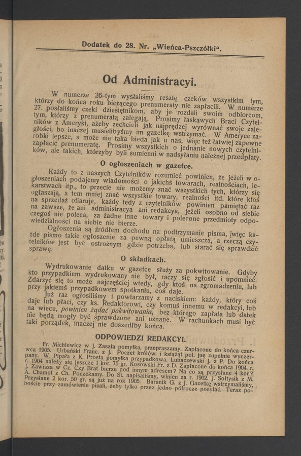 Dodatek do&nbsp;28 numeru &bdquo;Wieńca-Pszcz&oacute;łki&rdquo;. Rok&nbsp;30, 1904