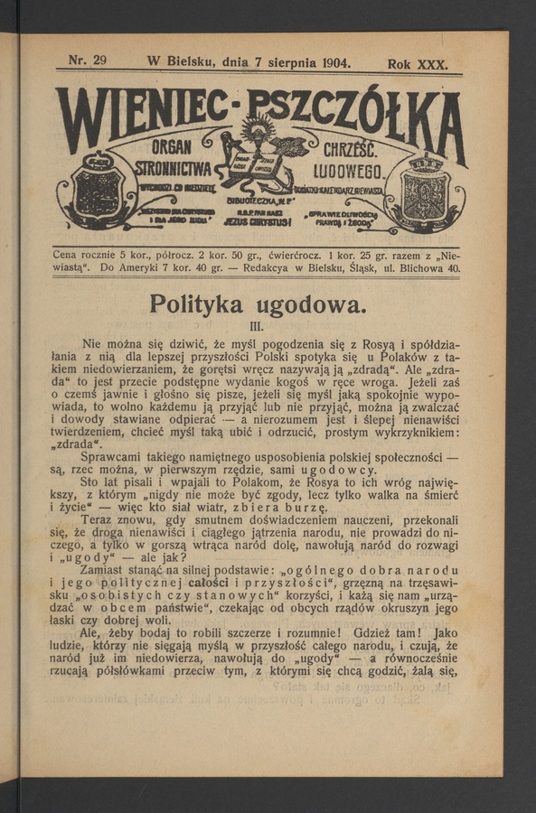 Wieniec-Pszcz&oacute;łka&nbsp;: organ Stronnictwa Chrześcijańsko-Ludowego. Rok&nbsp;30, 1904, numer&nbsp;29