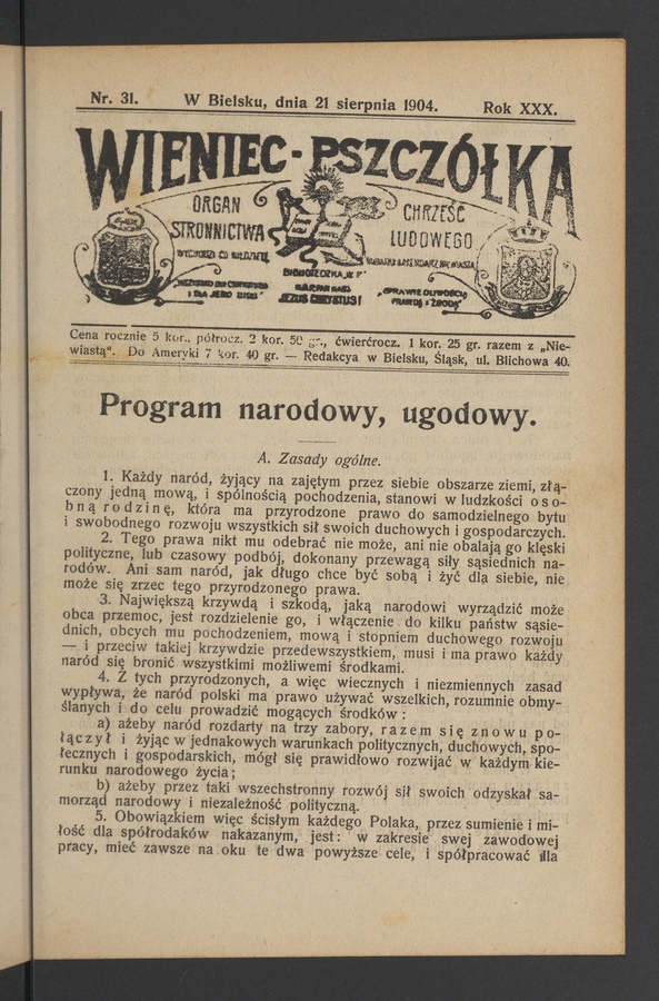 Wieniec-Pszcz&oacute;łka&nbsp;: organ Stronnictwa Chrześcijańsko-Ludowego. Rok&nbsp;30, 1904, numer&nbsp;31