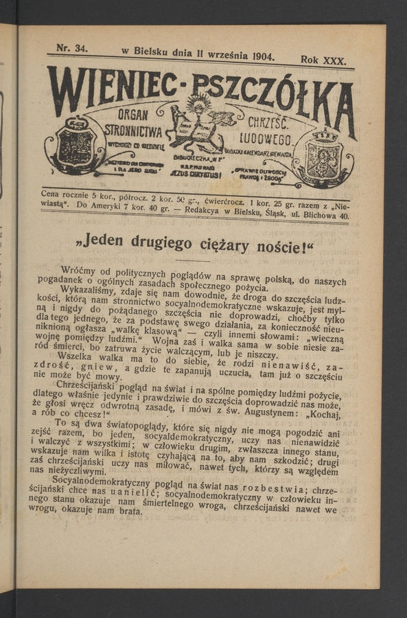 Wieniec-Pszcz&oacute;łka&nbsp;: organ Stronnictwa Chrześcijańsko-Ludowego. Rok&nbsp;30, 1904, numer&nbsp;34