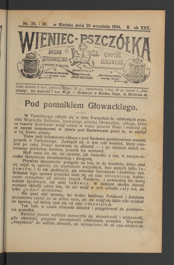 Wieniec-Pszcz&oacute;łka&nbsp;: organ Stronnictwa Chrześcijańsko-Ludowego. Rok&nbsp;30, 1904, numer&nbsp;35-36