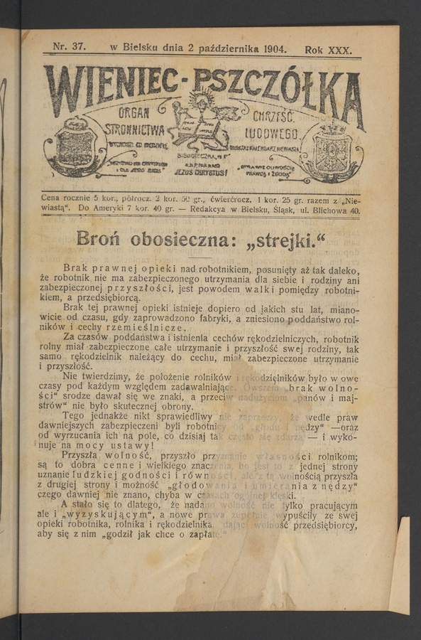 Wieniec-Pszczółka : organ Stronnictwa Chrześcijańsko-Ludowego. Rok 30, 1904, numer 37