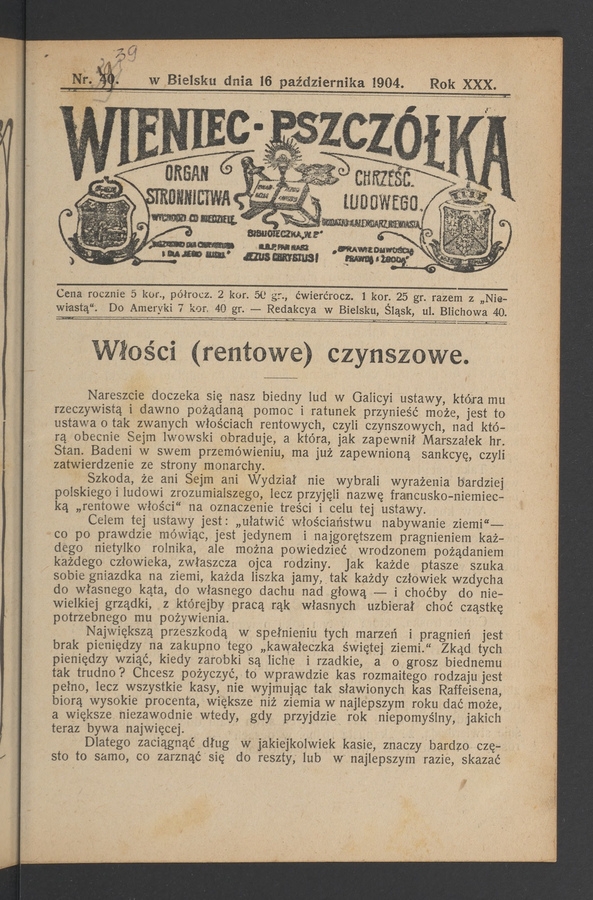 Wieniec-Pszcz&oacute;łka&nbsp;: organ Stronnictwa Chrześcijańsko-Ludowego. Rok&nbsp;30, 1904, numer&nbsp;39
