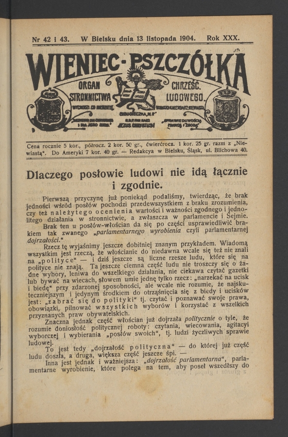 Wieniec-Pszcz&oacute;łka&nbsp;: organ Stronnictwa Chrześcijańsko-Ludowego. Rok&nbsp;30, 1904, numer&nbsp;42-43