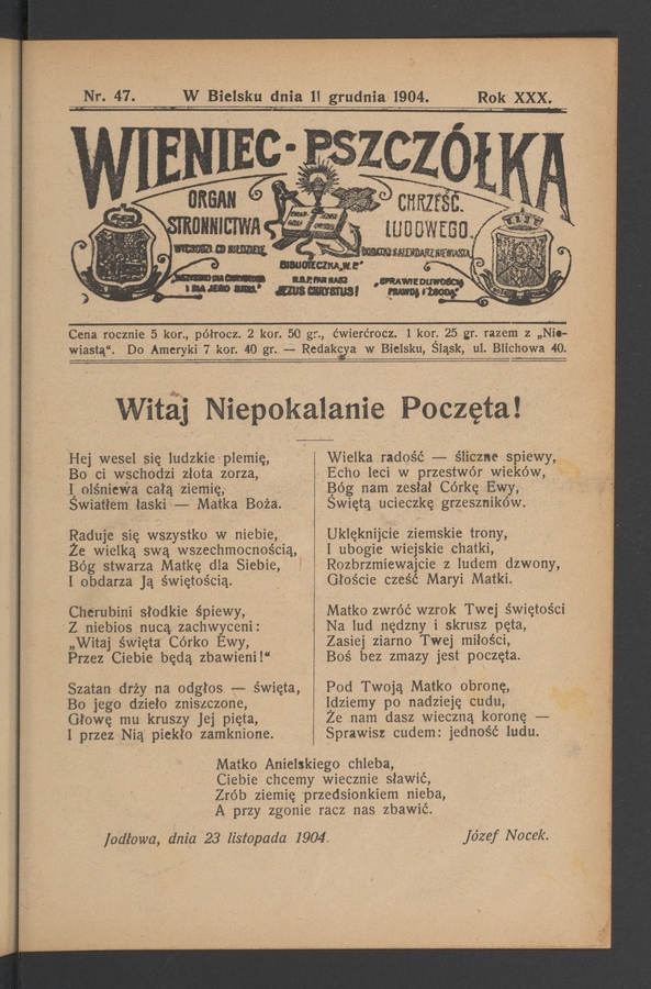 Wieniec-Pszcz&oacute;łka&nbsp;: organ Stronnictwa Chrześcijańsko-Ludowego. Rok&nbsp;30, 1904, numer&nbsp;47