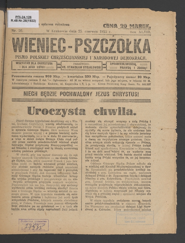 Wieniec-Pszczółka : pismo polskiej chrześcijańskiej i narodowej demokracji. Rok 48, 1922, numer 26
