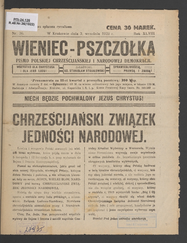 Wieniec-Pszczółka : pismo polskiej chrześcijańskiej i narodowej demokracji. Rok 48, 1922, numer 36