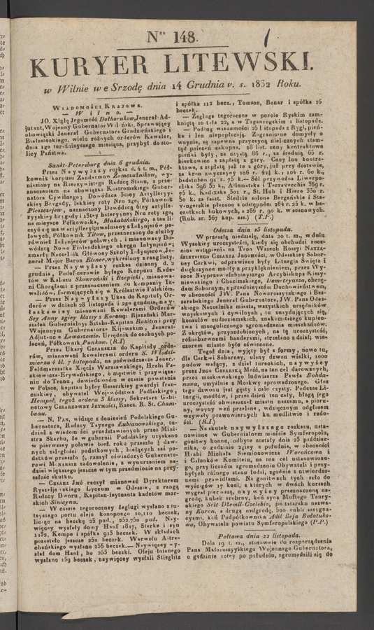 Kuryer Litewski. 1832, numer&nbsp;148