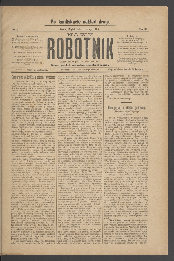 Nowy Robotnik : czasopismo polityczno-społeczne : organ partyi socyalno-demokratycznej. Rok 3, 1895, numer 4 (po konfiskacie nakład drugi)