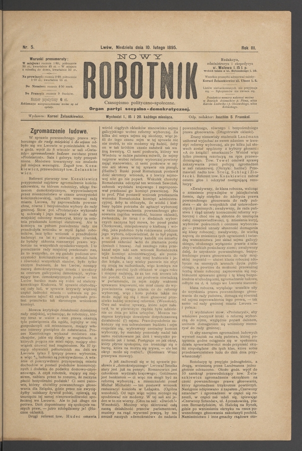 Nowy Robotnik : czasopismo polityczno-społeczne : organ partyi socyalno-demokratycznej. Rok 3, 1895, numer 5