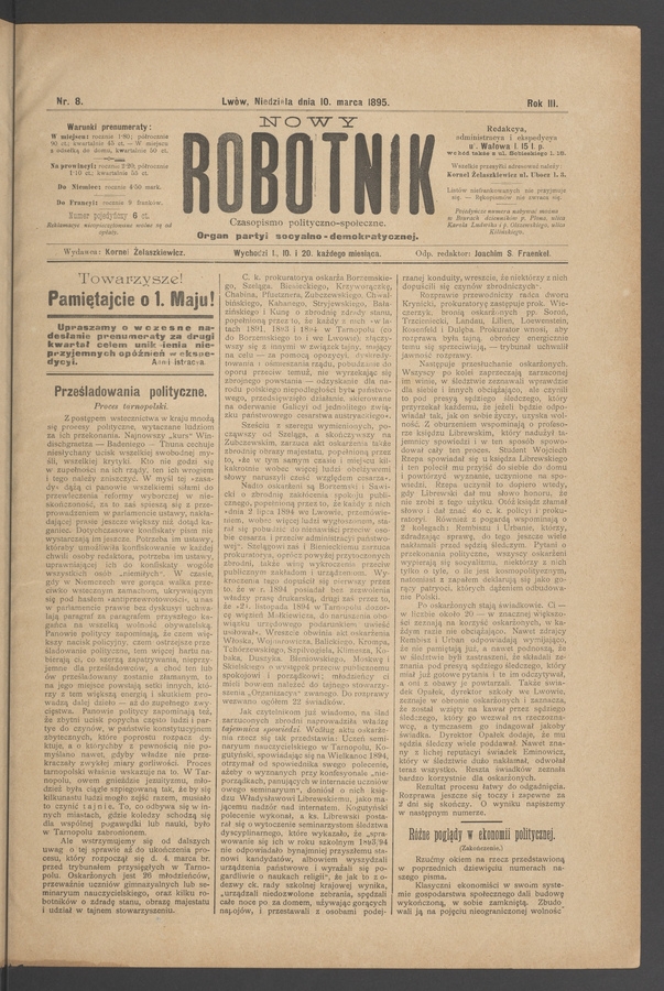 Nowy Robotnik : czasopismo polityczno-społeczne : organ partyi socyalno-demokratycznej. Rok 3, 1895, numer 8