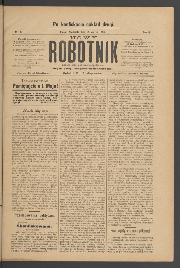 Nowy Robotnik : czasopismo polityczno-społeczne : organ partyi socyalno-demokratycznej. Rok 3, 1895, numer 8 (po konfiskacie nakład drugi)