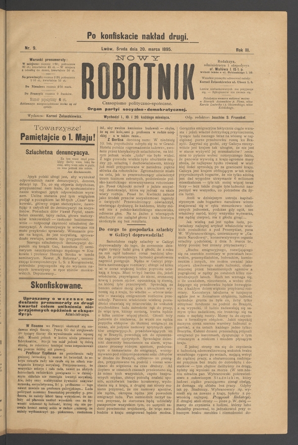 Nowy Robotnik&nbsp;: czasopismo polityczno-społeczne&nbsp;: organ partyi socyalno-demokratycznej. Rok&nbsp;3, 1895, numer&nbsp;9 (po&nbsp;konfiskacie nakład drugi)