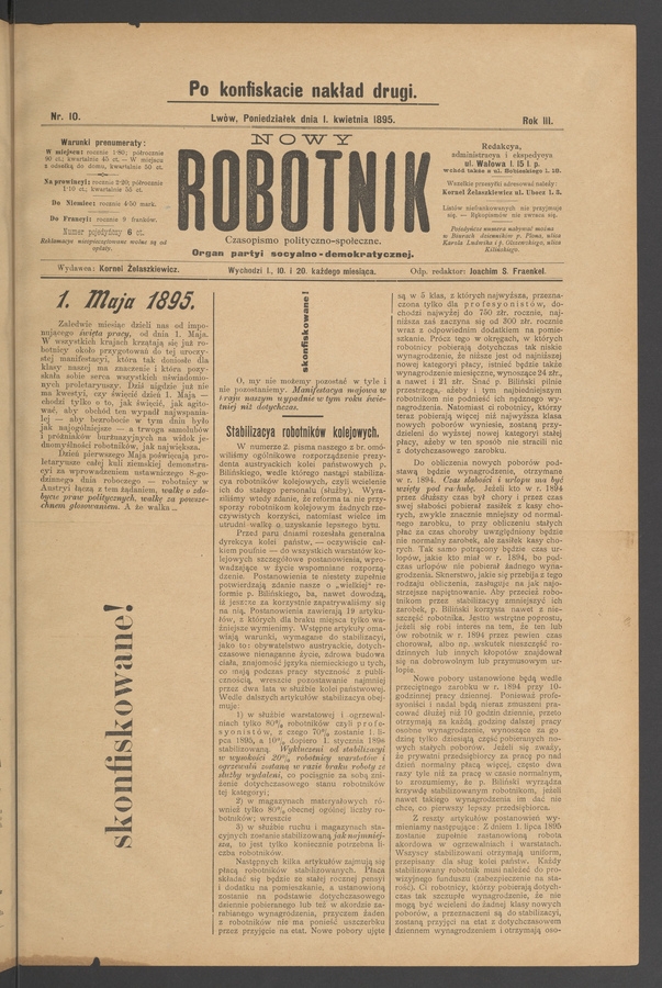 Nowy Robotnik : czasopismo polityczno-społeczne : organ partyi socyalno-demokratycznej. Rok 3, 1895, numer 10 (po konfiskacie nakład drugi)