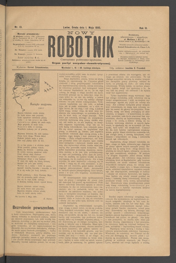 Nowy Robotnik : czasopismo polityczno-społeczne : organ partyi socyalno-demokratycznej. Rok 3, 1895, numer 13