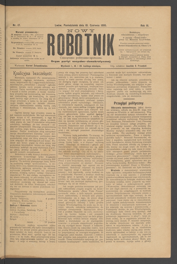 Nowy Robotnik&nbsp;: czasopismo polityczno-społeczne&nbsp;: organ partyi socyalno-demokratycznej. Rok&nbsp;3, 1895, numer&nbsp;17